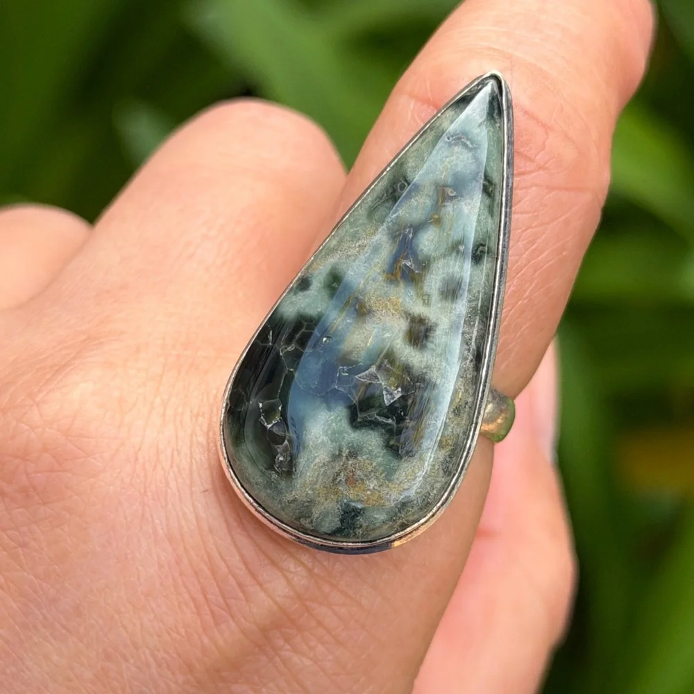 Size 9.75 925 silver‎ plated green ocean jasper ring 0871
